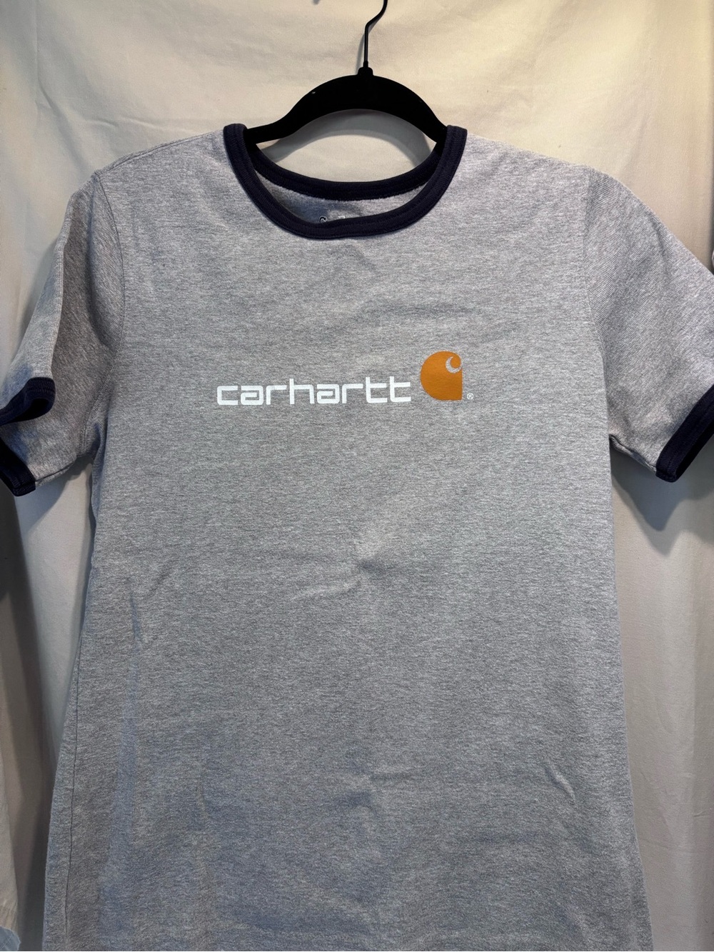 Carhartt Gray Tee with Navy Trim and Gold Logo women’s large